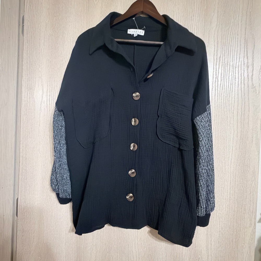Blakeley Black and Gray Sweater Sleeves Button-Up Women's Top